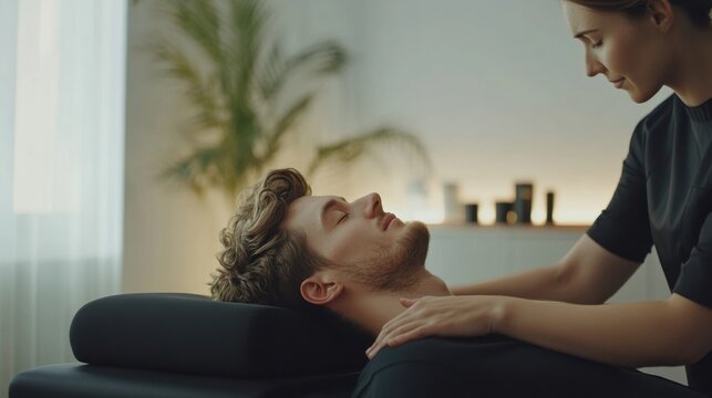 Nerve therapy session in a tranquil wellness room with a therapist. Featuring comfort and relaxation