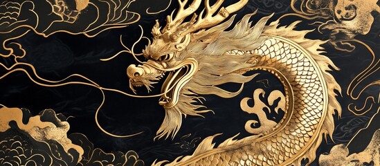 Golden Dragon, Asian Art, Dark Background, Wallpaper