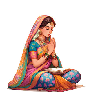 Indian woman sitting in saree doing prayer with eyes closed illustration