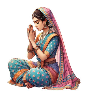 Indian woman sitting in saree doing prayer illustration