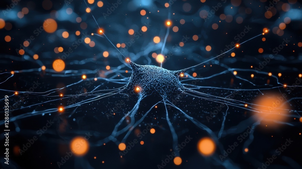 Poster abstract neural network visualization with glowing orbs and illuminated connections in a dark backgr