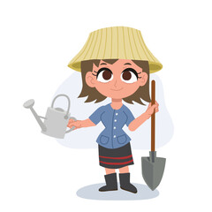 Thai farmer woman cartoon holding farm tools, with agricultural tools