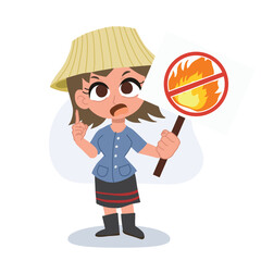 thai farmer woman cartoon promoting no burning pm 2.5 pollution awareness and environmental protection