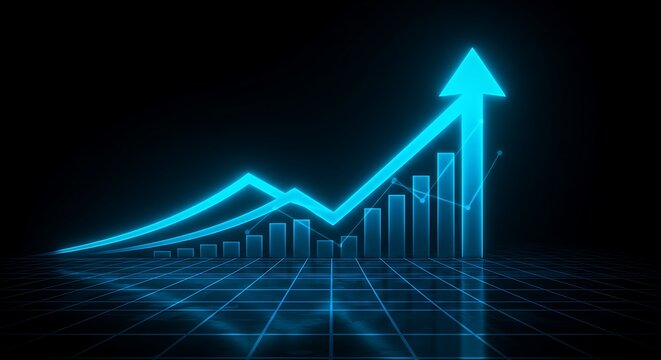 Glowing blue arrows ascend on a dark background, symbolizing growth, progress, and upward mobility. The converging lines suggest a path to success.