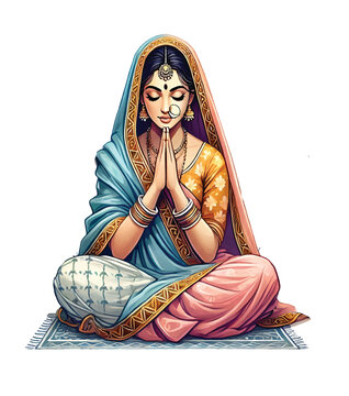 Indian woman sitting in saree doing prayer illustration
