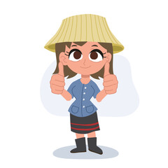 Cute happy thai farmer woman cartoon giving thumbs up