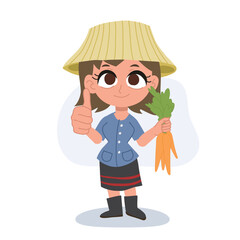 Cute happy thai farmer woman cartoon giving thumbs up