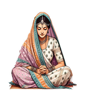 Indian woman sitting in saree illustration