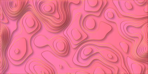 paper cut 3d render topography abstract, beautiful pink golden Background. geometric map relief texture with curved layers and shadow. Realistic papercut decoration textured with wavy vector design