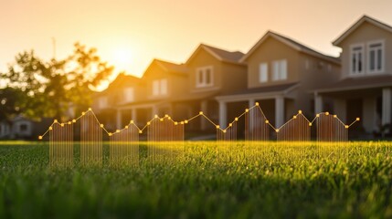 Sunset over suburban homes with a digital graph overlay illustrating market trends