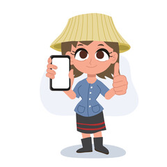 cartoon of a smiling thai female farmer holding smartphone,  using smartphone