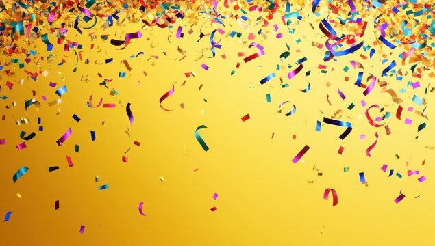 Colorful confetti falling against a vibrant yellow background for celebrations, parties, festivals, and joyful events creating a festive atmosphere