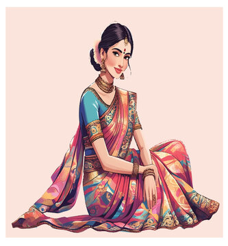 Indian woman sitting in saree illustration