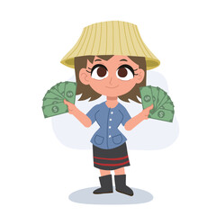 cute cartoon of a female Thai farmer holding money fan