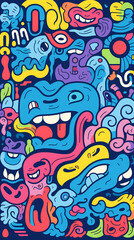 cartoon characters stylized in a clean and contemporary graphic style pattern geometric shapes design poster background