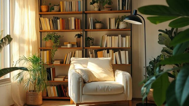 A home library corner with a comfy armchair, floor lamp, and shelves filled with books and plants.