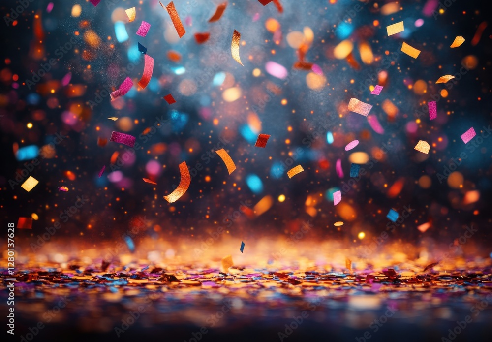 Poster colorful confetti falling on dark background creating vibrant celebration atmosphere for parties and