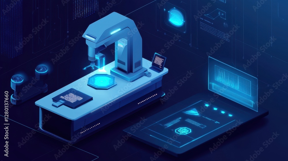 Poster futuristic laboratory with robotic arm and high-tech display showing scientific data and digital ana