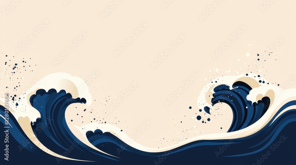 Poster abstract ocean waves design with blue tones and cream background creating a serene and calming atmos