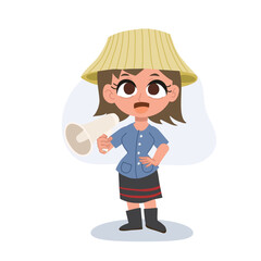cute thai farmer woman holding megaphone making an announcement,  promoting agriculture