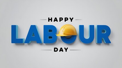 Modern Labour Day Design with 3D Text, Yellow Construction Helmet, and Minimalist White Background