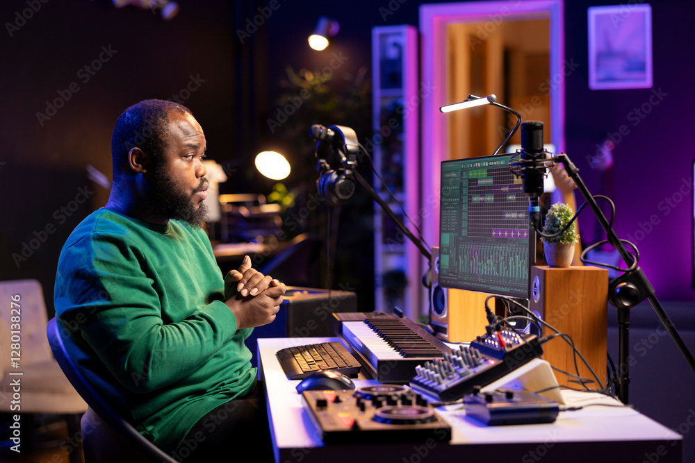 Aufkleber african american sound engineer using midi controller notes to add audio effects in post production,