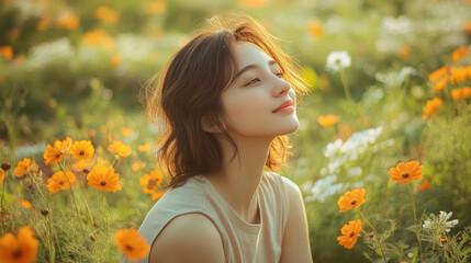 Naklejka premium Indonesian woman sitting and relaxing enjoying green meadow with wildflowers in full bloom