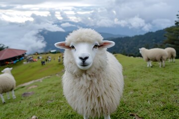 Fototapeta premium Cotton Ball Life with fluffy fur like clouds, sheep in Cameron Highlands running around, occasionally turning around with cute round eyes