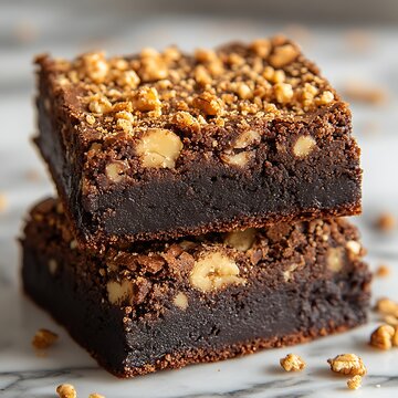 Stacked Chocolate Peanut Butter Brownies on Marble