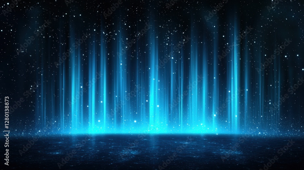 Poster ethereal light beams emanating from a starry night sky with glowing particles over a dark background