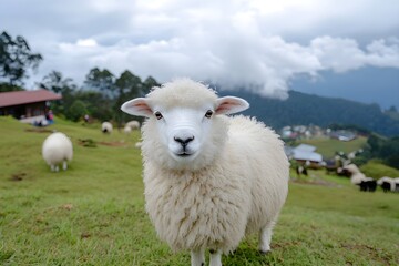 Obraz premium Cotton Ball Life with fluffy fur like clouds, sheep in Cameron Highlands running around, occasionally turning around with cute round eyes
