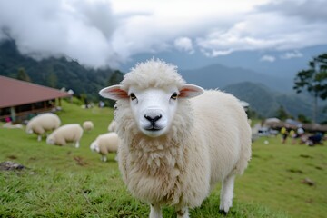 Obraz premium Cotton Ball Life with fluffy fur like clouds, sheep in Cameron Highlands running around, occasionally turning around with cute round eyes