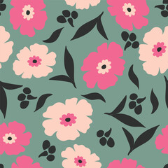 Seamless floral pattern, delicate textile print, abstract flower ornament. Botanical design. hand drawn flowers, small leaves. Vector illustration. 