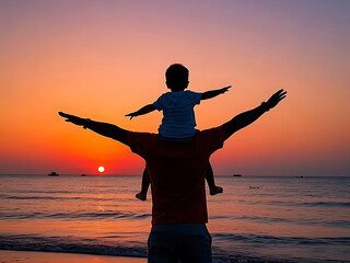 A silhouette of a father carrying his child on his shoulders against a breathtaking sunset at the beach