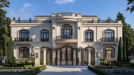 Fototapeta premium Luxurious Modern Mansion With Elegant Architecture and Manicured Landscaping Situated in a Serene Neighborhood During Bright Daylight