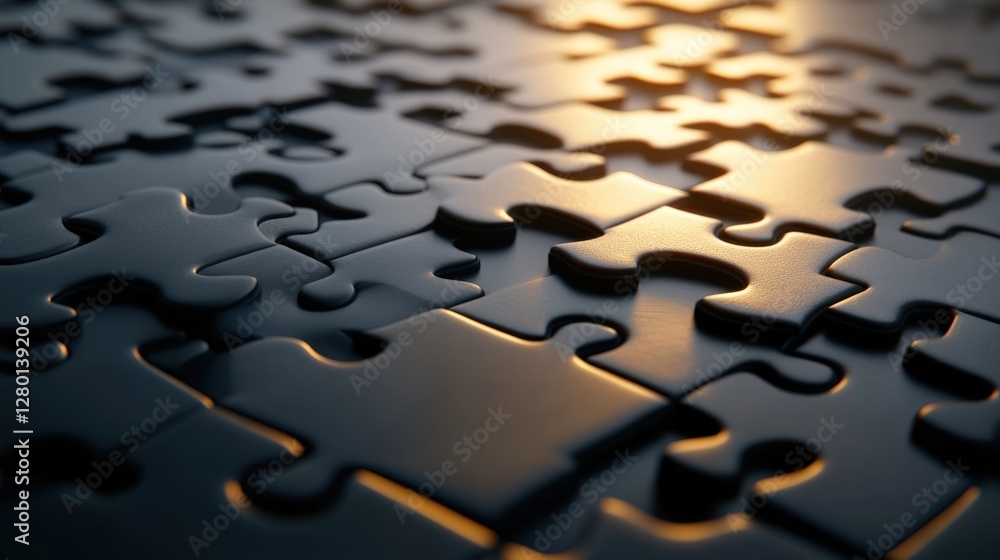 Poster close-up of interlocking black puzzle pieces illuminated by soft light, creating a serene atmosphere