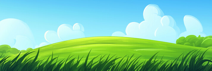 Obraz premium Vibrant Green Grass Field Under Clear Blue Sky, Symbolizing Nature, Freshness, and Tranquility in an Open Landscape