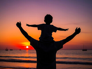 Fototapeta premium A silhouette of a father carrying his child on his shoulders against a breathtaking sunset at the beach