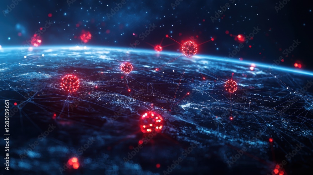 Poster stunning visual representation of global network with red virus particles highlighting connection be