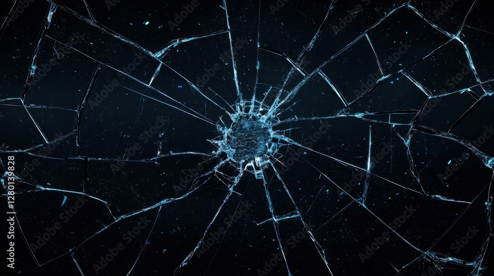 Poster shattered glass texture with dramatic dark background highlighting intricate fractures and patterns 