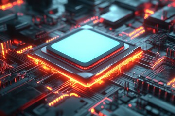 Fototapeta premium 3D render of a futuristic microchip with glowing elements, high detail