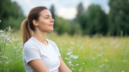 Arabian woman sitting and relaxing enjoying green meadow with wildflowers in full bloom