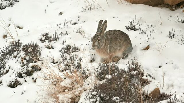 Woolly Rabbit grooming in the snowy environment of the Himalayas