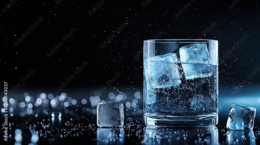 Poster refreshing drink with ice cubes in a glass surrounded by sparkling droplets and a dark background cr