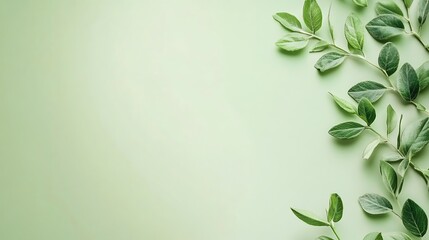 Obraz premium Green leaves and branches rest on a light green surface