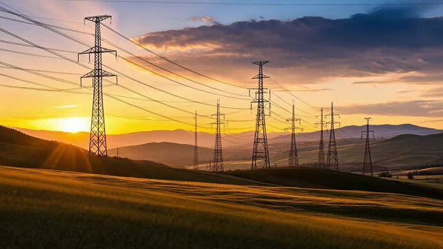 A landscape with a row of power towers stretching across a green field, bathed in golden sunlight.