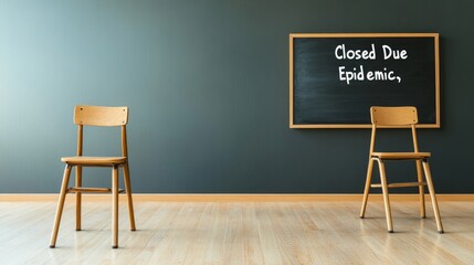 Empty Classroom with Chairs and Chalkboard Displaying Closure Notice