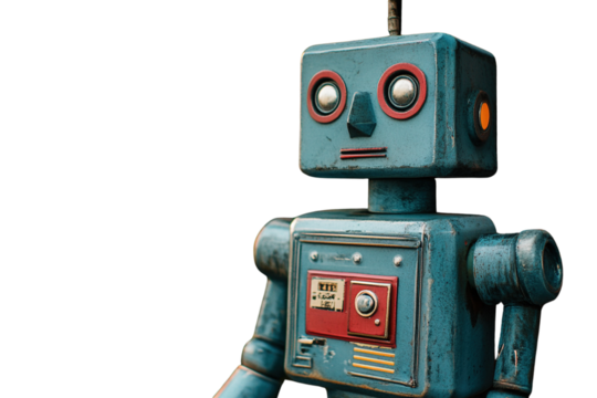 Vintage red robot toy isolated on white background with retro metal design, photographed in a classic style