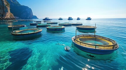 Obraz premium Scenic view of floating fish farms in clear blue waters with boats in the background