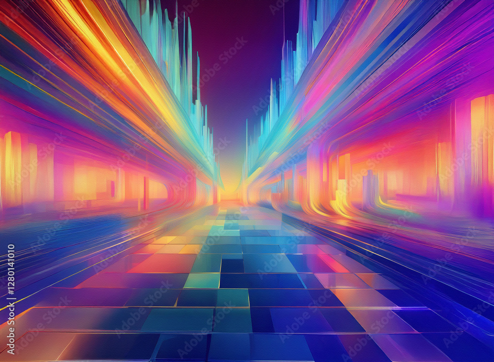 Poster vibrant perspective lines and geometric blocks create a dynamic and colorful abstract background wit